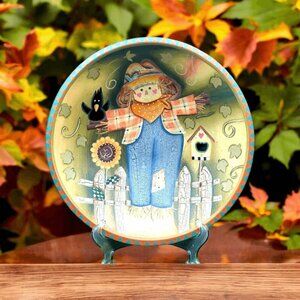 Scarecrow Folk Art Wood Bowl Hand Painted Halloween Primitive Black Bird Sunflow